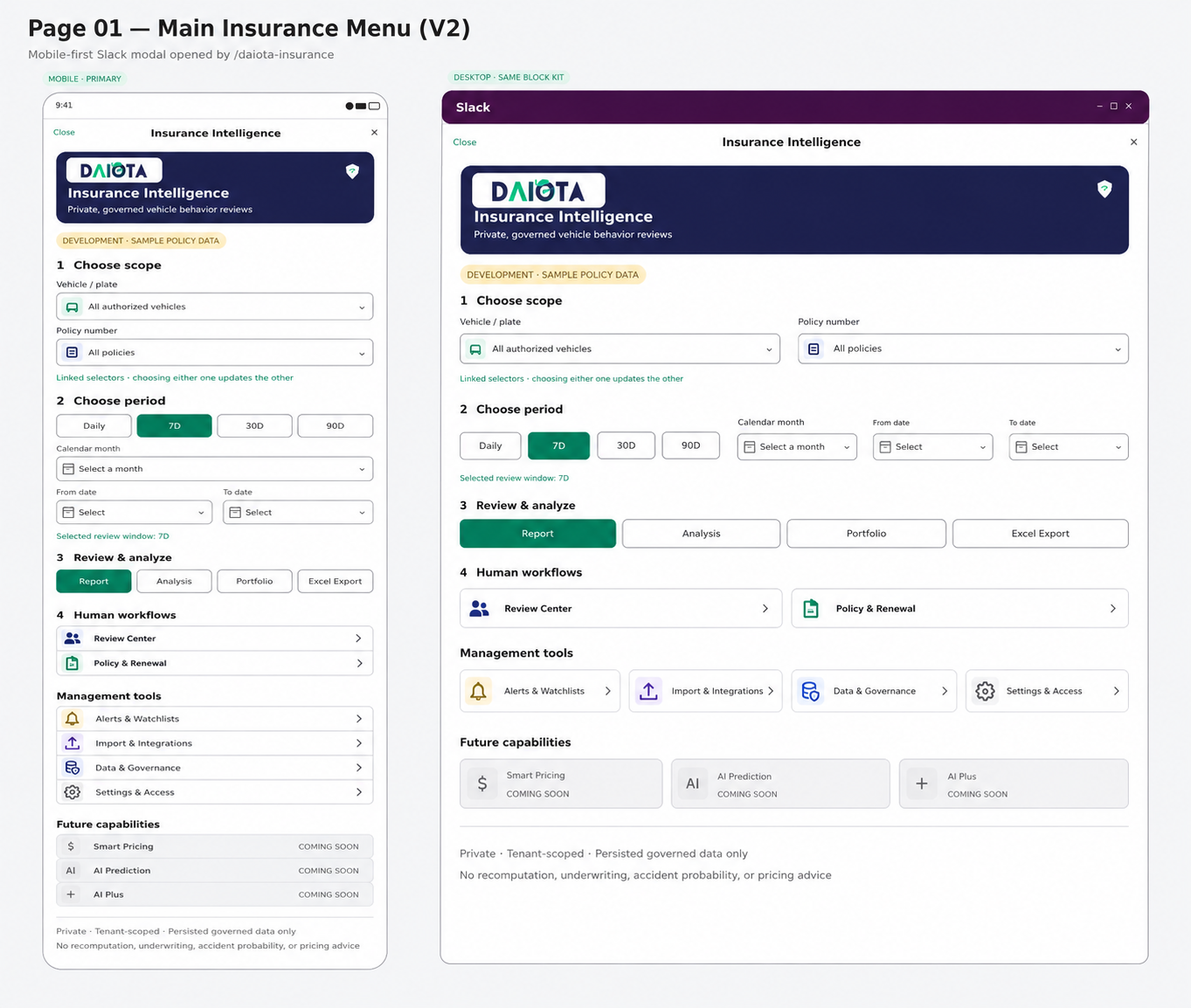 Complete illustrative DAIOTA Insurance Slack menu image