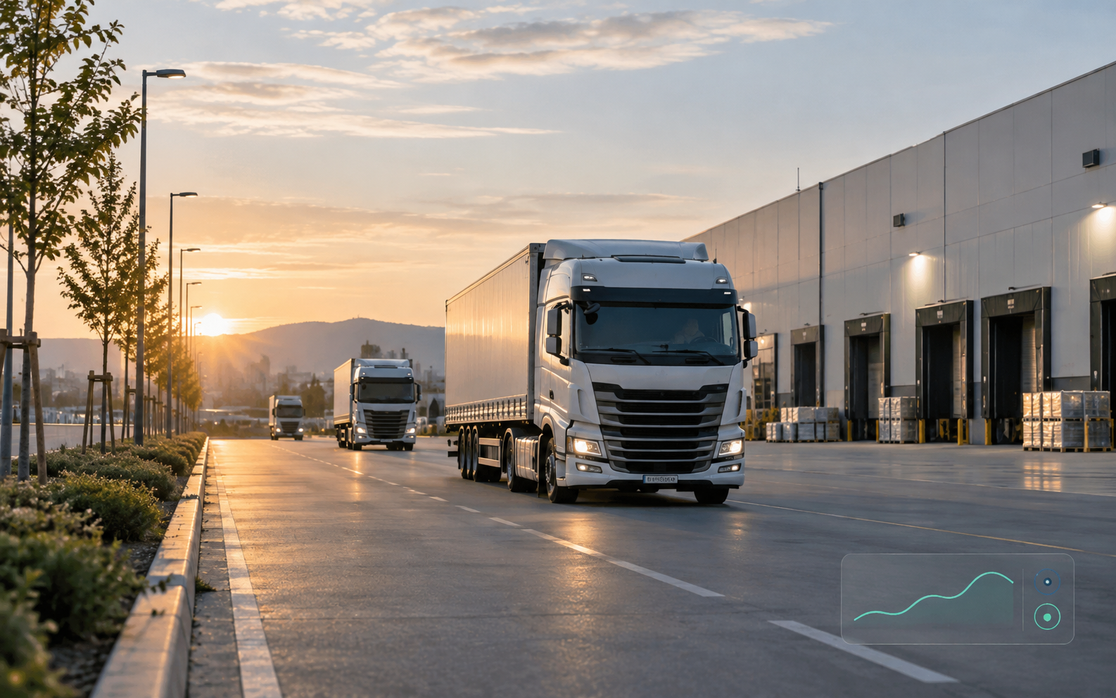Illustrative commercial fleet leaving a logistics depot at sunrise