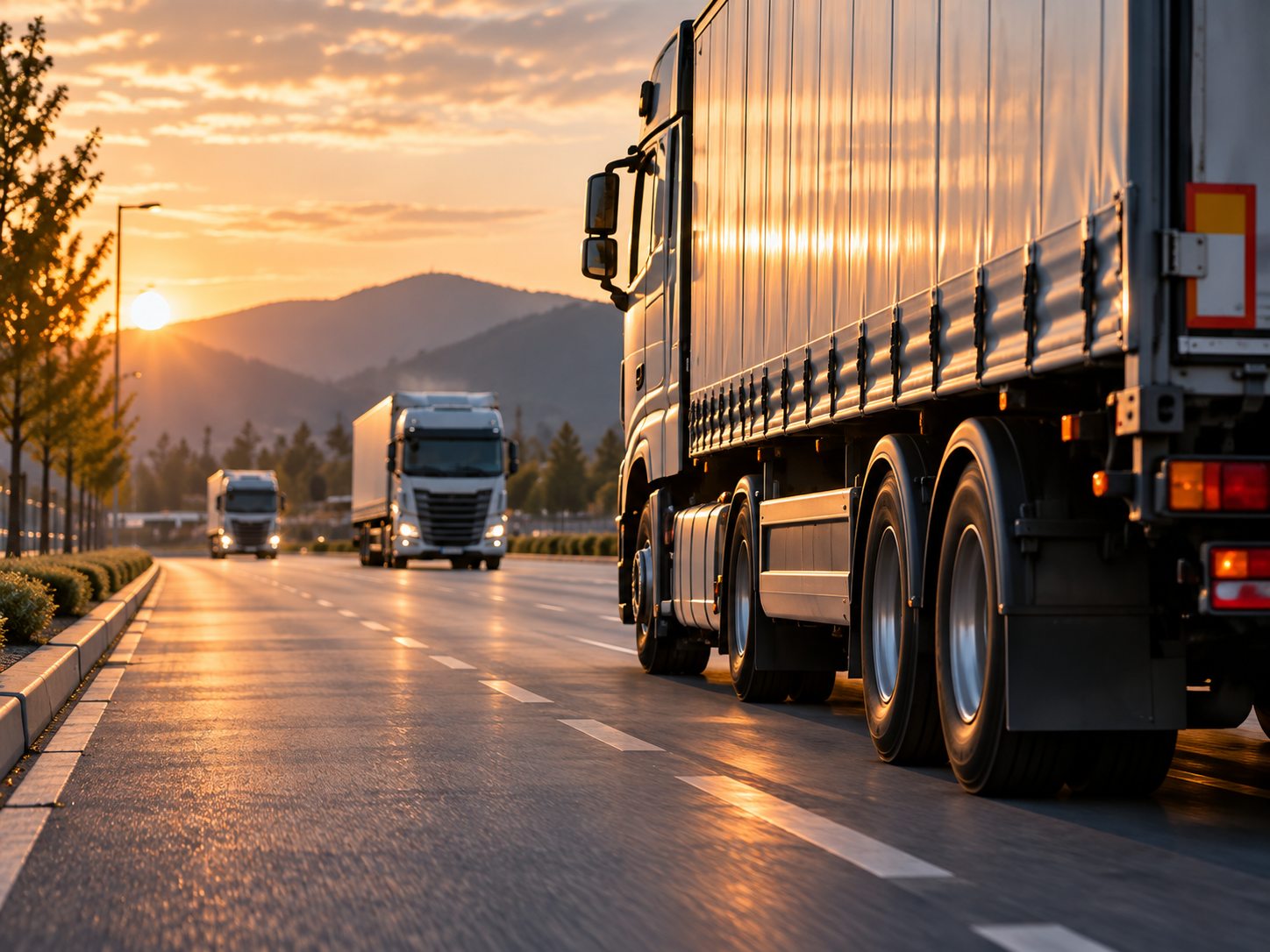Illustrative fleet trucks travelling on a highway at golden hour