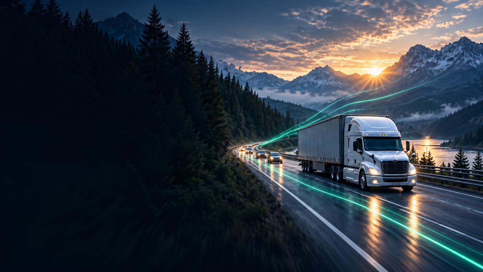 Illustrative truck on a mountain road with a green data trail