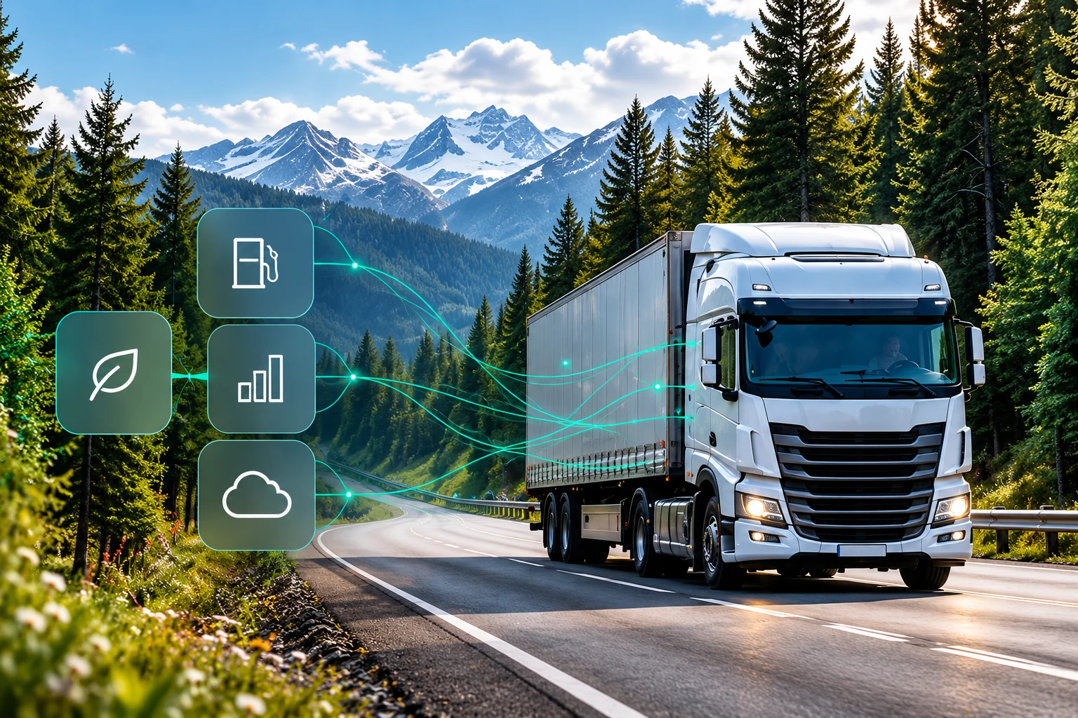 Illustrative freight truck on a forest highway, with fuel and data symbols
